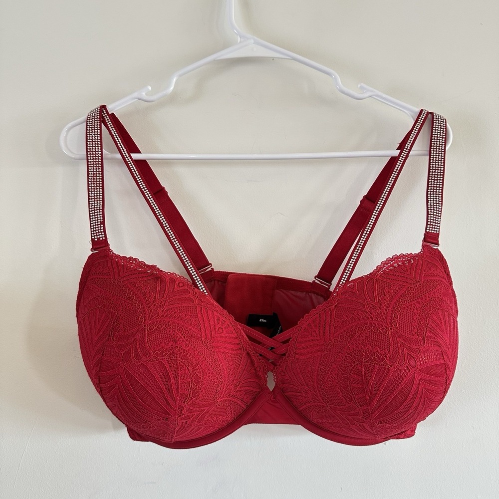 Women's XO Torrid Push Up Diamante‎ Straight Back Bra Red Lace Bling 40DDD
